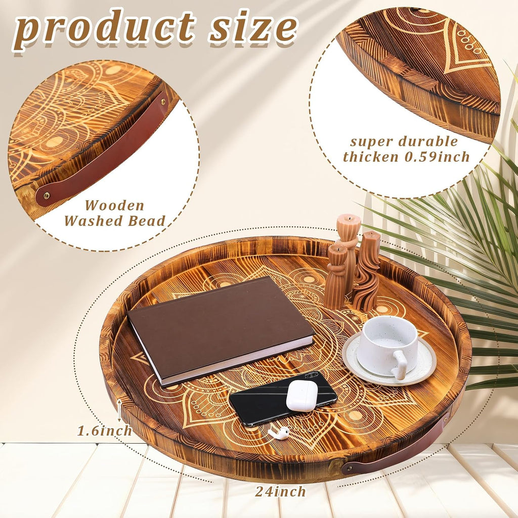 24 Inch Ottoman Tray Mandala Wooden Serving Tray with Handle Rustic Round Ottoman Large Farmhouse Coffee Table