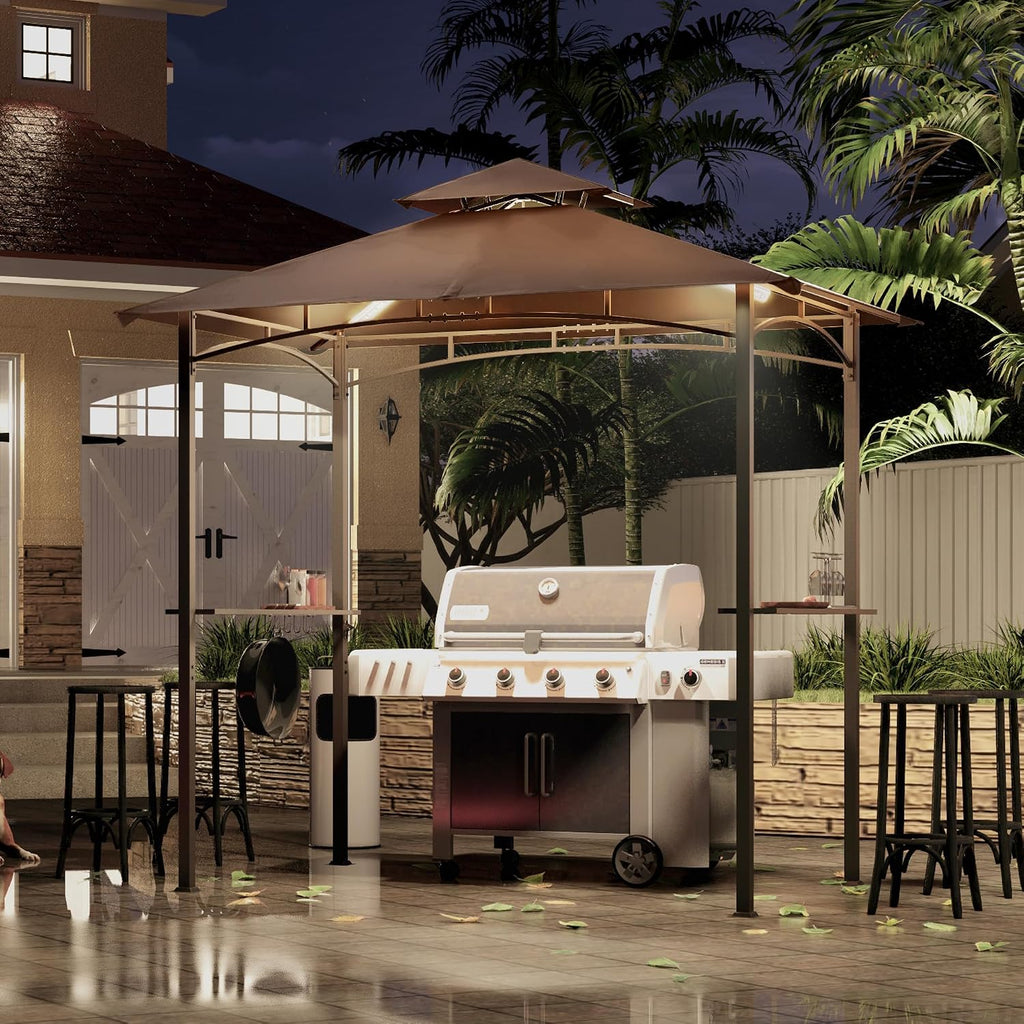 8 x 5 Grill Gazebo Outdoor BBQ Gazebo Canopy with 2 LED Lights (Brown)