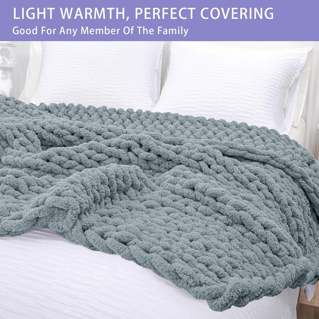 Chunky Knit Throw Blanket, 40x40 inches, 100% Hand Knitted with Thick Jumbo Chenille Yarn, Cozy Soft Large Rope Knot