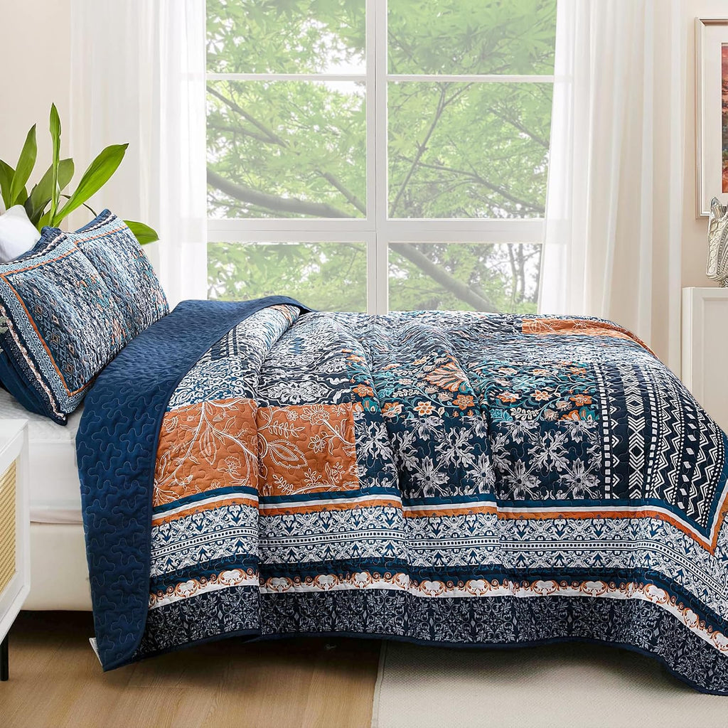 Navy Blue Quilt Set, Bohemian Patchwork Bedspread Coverlet Set, Reversible Farmhouse Floral Pattern Bedspreads