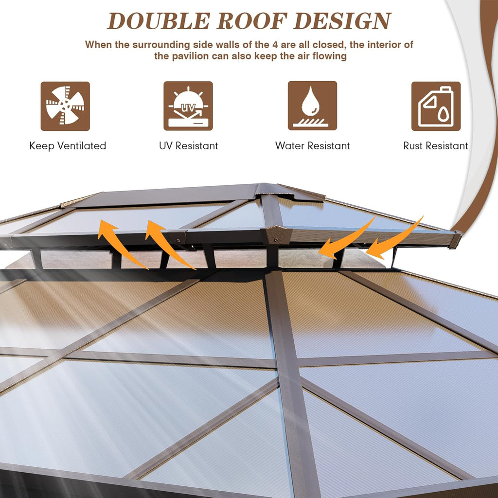 10' x 13' Gazebo Polycarbonate Double Roof Canopy Outdoor Aluminum Frame Pergola