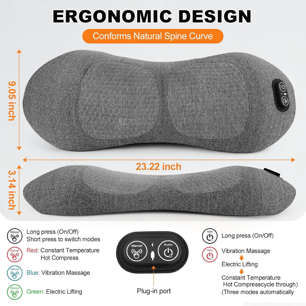 3-in-1 Lumbar Support Pillow with Heat & Massage, Ergonomic Memory Foam Lower Back Massager for Pain Relief Deep
