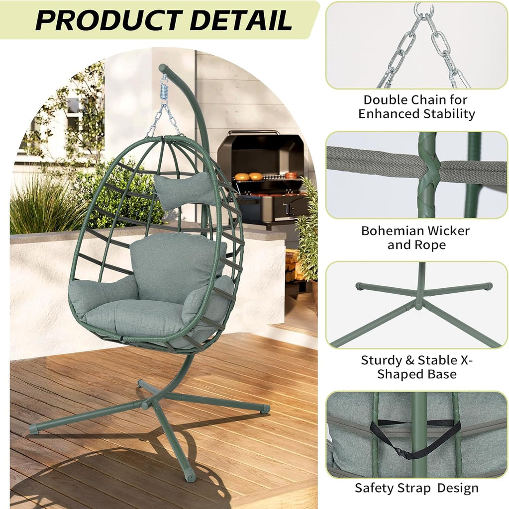 Hanging Egg Chair with Stand Outdoor Indoor Patio Rattan Swing Hammock Chairs with Washable Cushion 350lbs Capacity