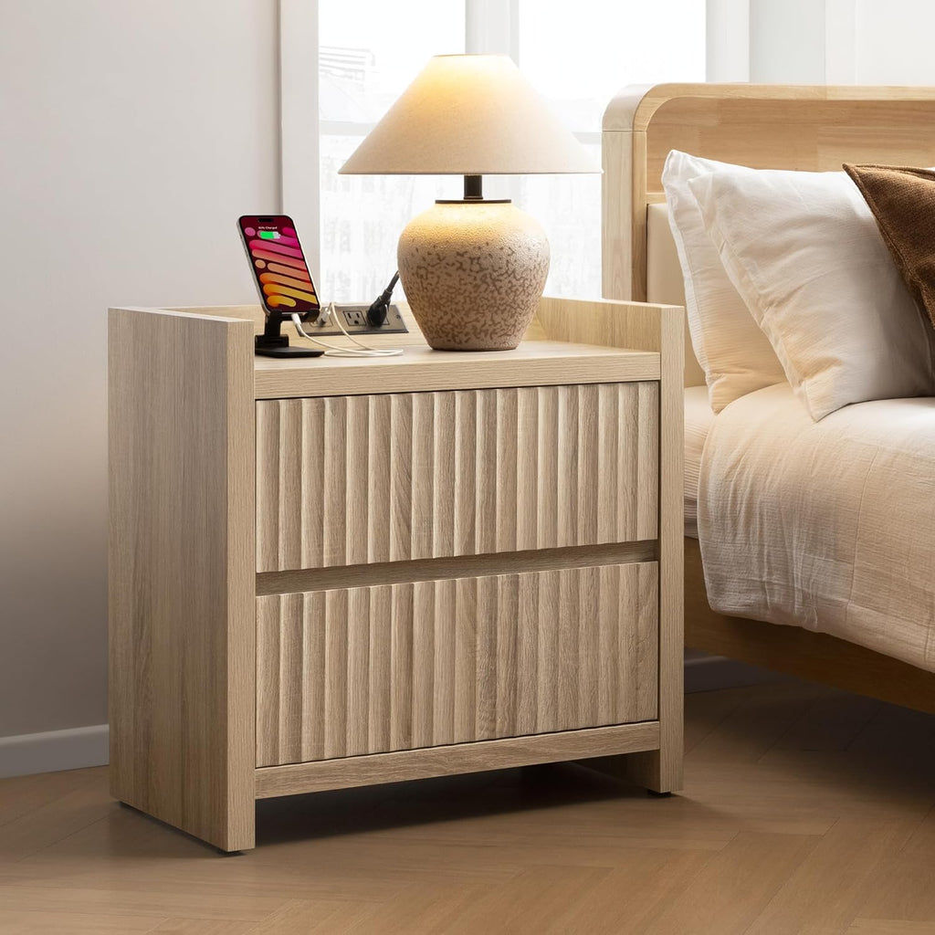 Night Stands Set of 2-Fluted Nightstands with Charging Station- Large Nightstand Bedside Table End Table with 2