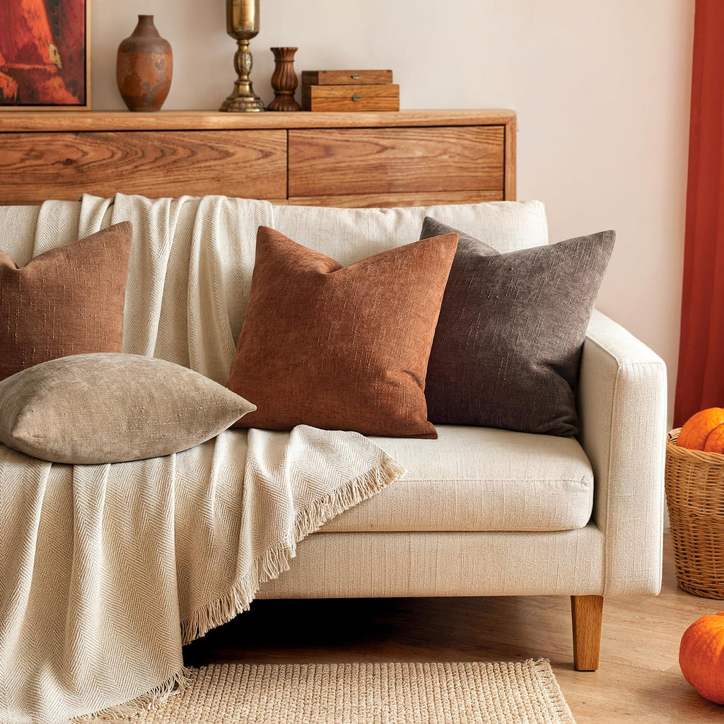 Textured Chenille Fall Throw Pillow Covers 22x22 Inch Dark Rust