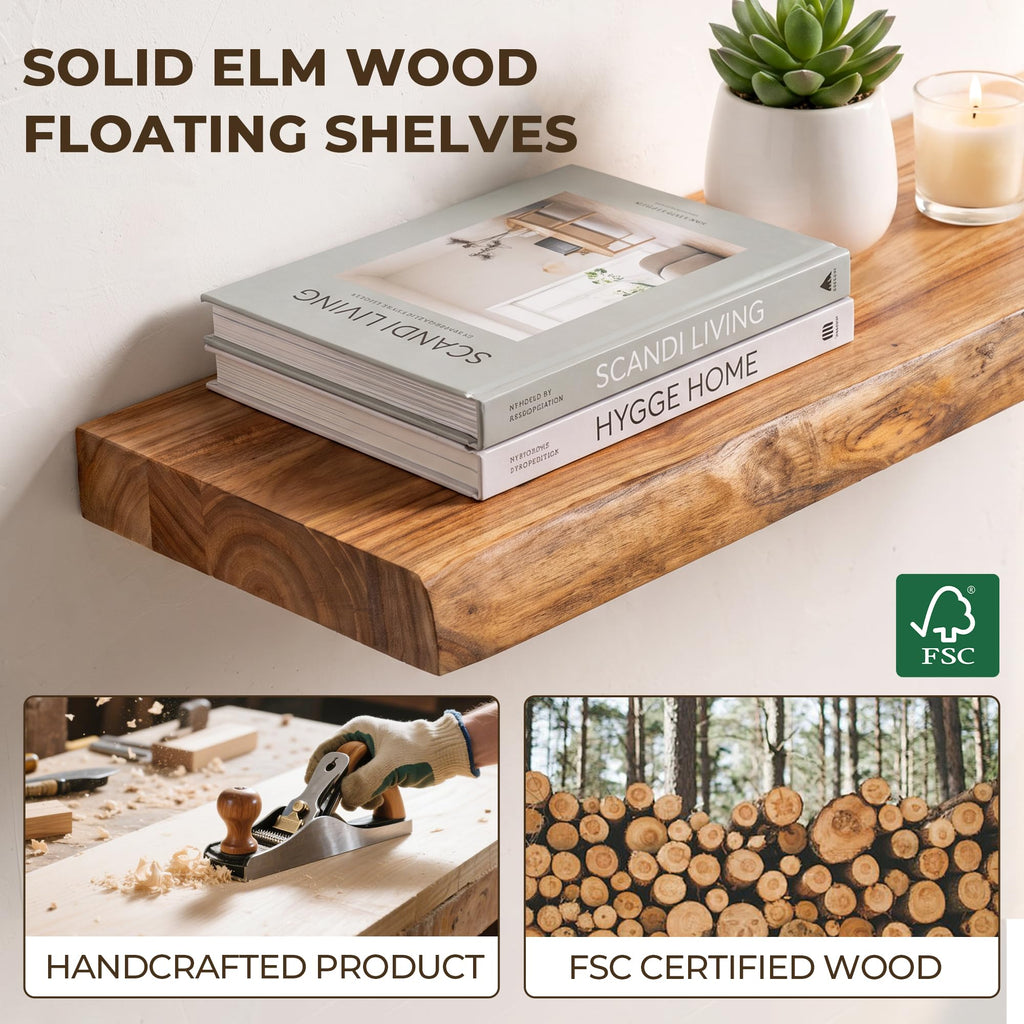 Live Edge Elm Floating Shelves - 40 In Rustic Solid Wood Shelves with Heavy-Duty Invisible Bracket, Wall-Mounted