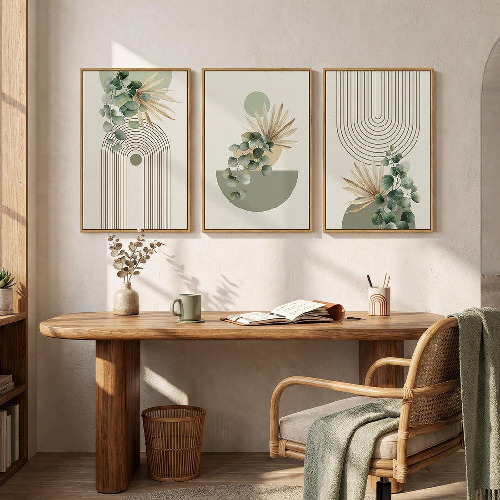Framed Green Boho Wall Art , 3 Piece Bohemian Botanical Canvas Painting Prints, Modern Geometric Eucalyptus Leaf