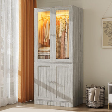 75" Tall Armoire Wardrobe Closet with 2 Glass Doors | Adjustable 3-color Lighting, Clothing Storage Cabinet with