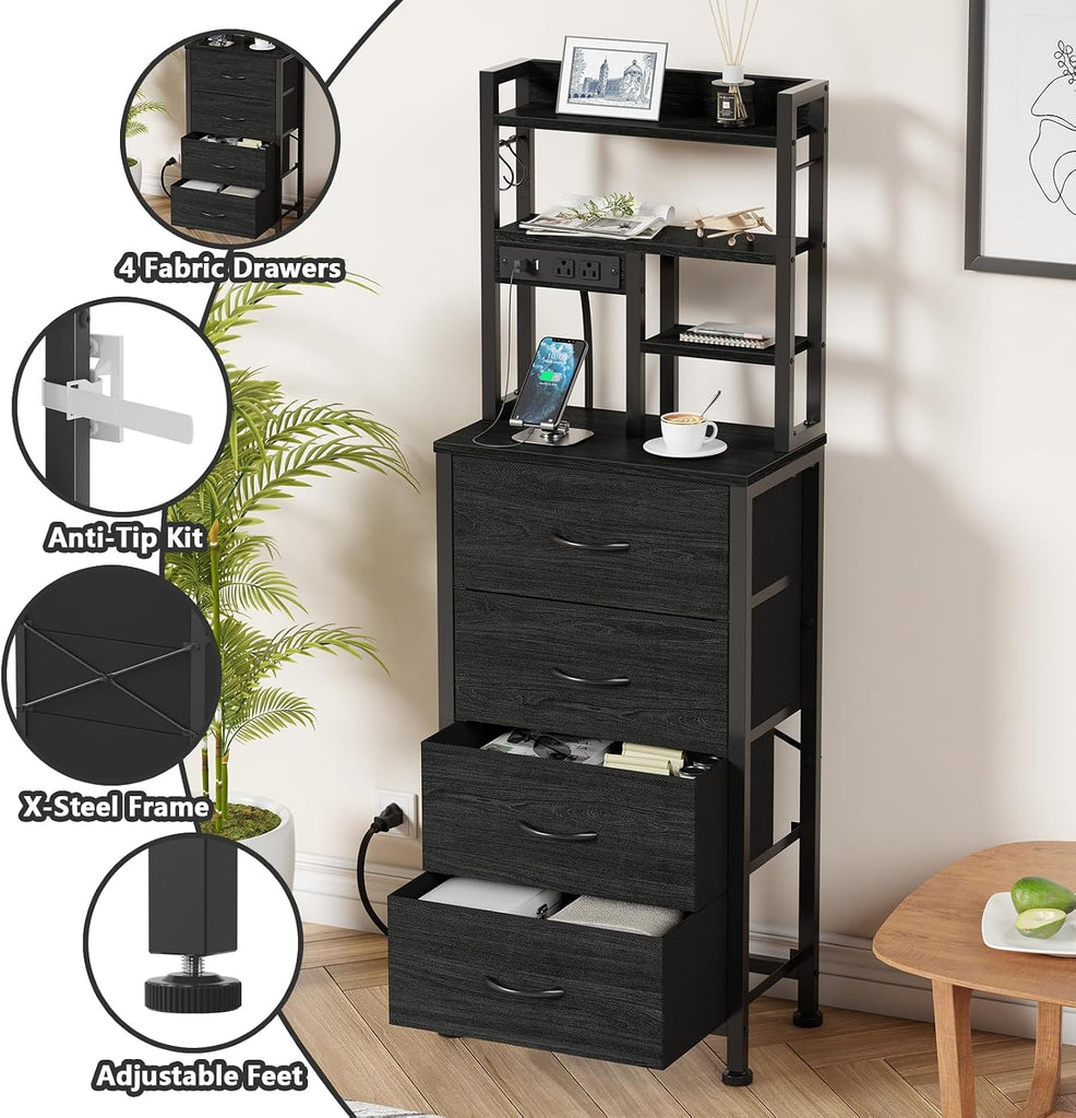 Tall Nightstand, LED Night Stand with Charging Station and USB Ports, 4 Fabric Drawers and 4 Tier Storage Shelf