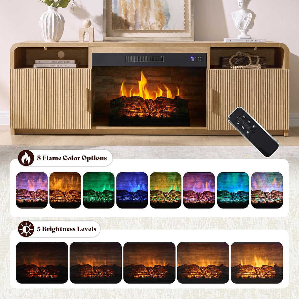 70" Fluted Fireplace TV Stand for TVs Up to 80", Modern TV Console with 30" Electric Fireplace & Storage Cabinets