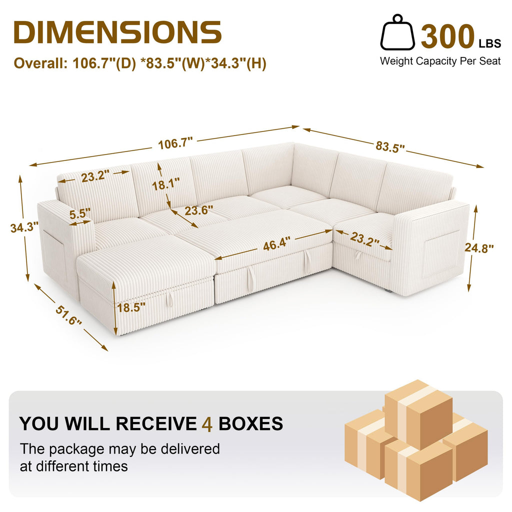 Sectional Sleeper Sofa, Pull Out Couch with Storage, Lvory, 7 Seat