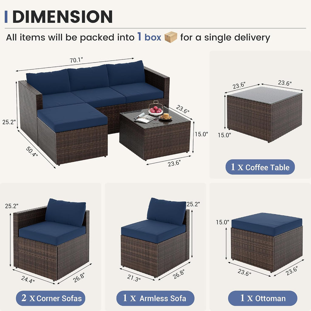 5 Piece L Shaped Outdoor Couch, Small Space Patio Furniture Set, Navy Blue | Outdoor Sectional Sofa, All-Weather