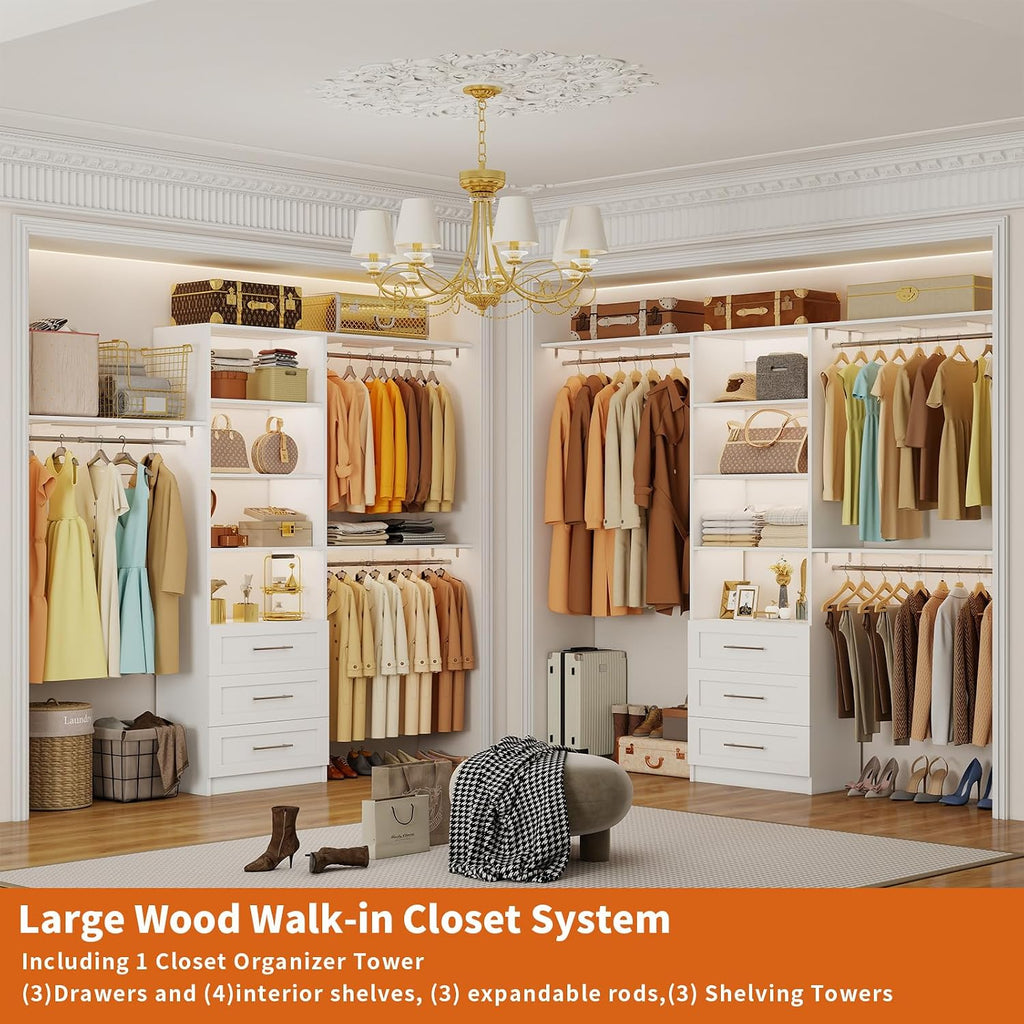 Closet System with Drawers, 5-7.61FT Closet Organizer System with Cuttable Shelves & 3 Expandable Hanging Rods, 96"