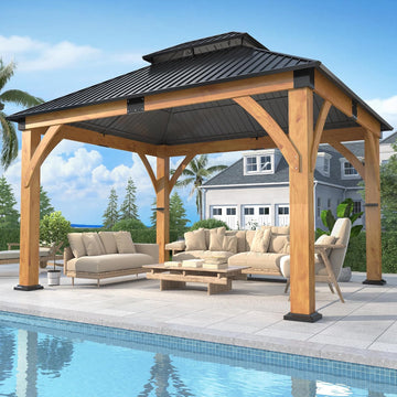 11'x 13' Outdoor Spruce Wood Gazebo - Patio Hardtop Gazebo Permanent Wooden Pavilion with 2 Shelves