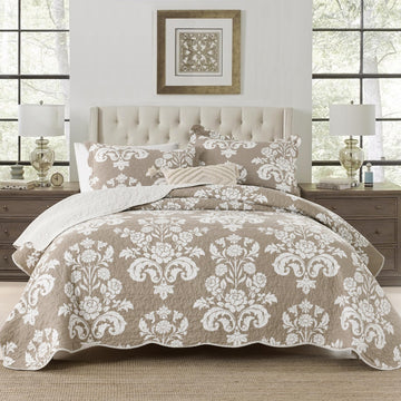 100% Cotton Farmhouse Reversible Quilt Set, Warm Taupe, 90"x98"