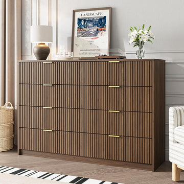 Dresser , 8 Drawer Double Dresser, Modern Chest of Drawers and Closet, 55" L x 15.7" D x 37.4" H, Walnut