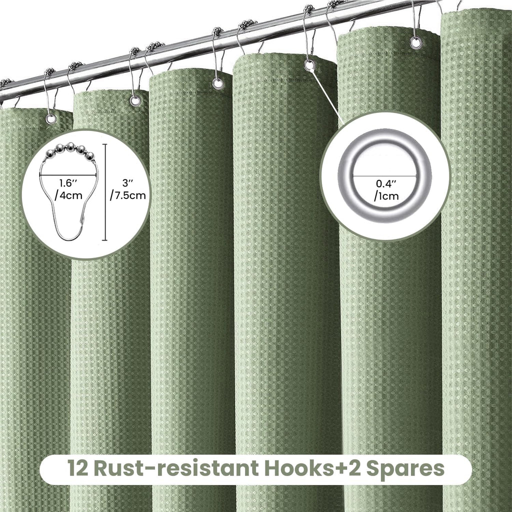 Fabric Shower Curtain, Waffle Weave 230 GSM Polyester, Weighted Hem, Metal Hooks Included, Water Repellent Washable