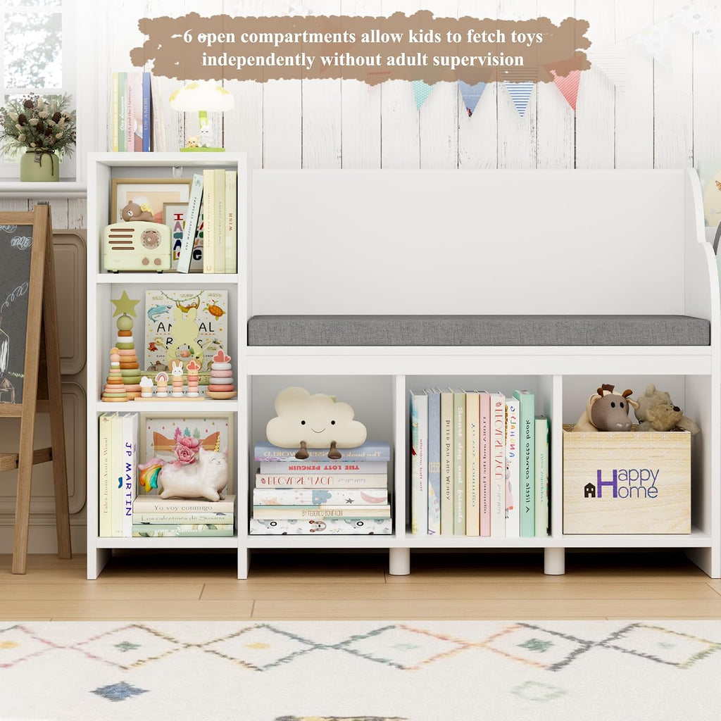 67"W Kids Reading Nook with Bookshelf, Toy Storage Organizer, White | Cushioned Bench & Large Movable Toy Storage Box
