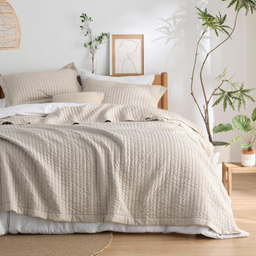 Quilts - Quilt Bedding Set Bedspread Coverlet Comforter, Lightweight Neutral Striped Bedding, 3-Piece Set