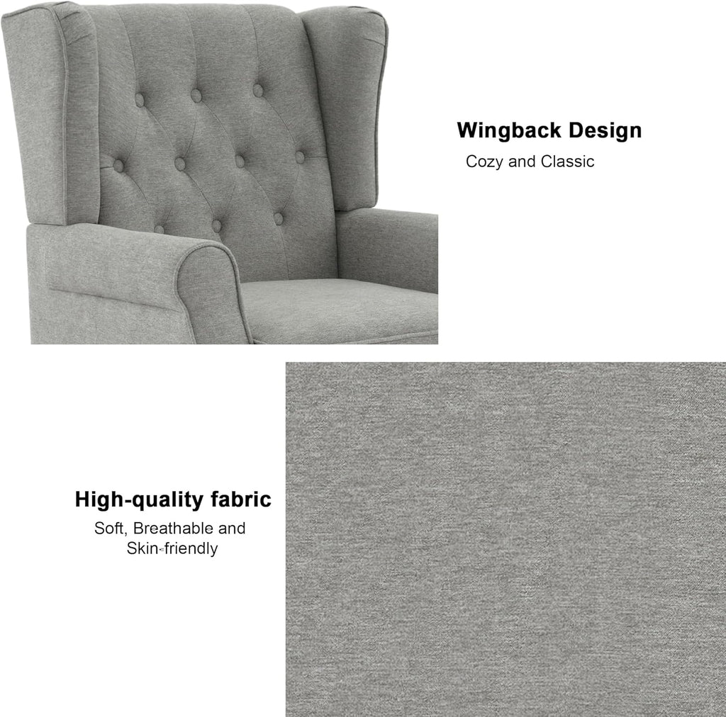 Button Tufted Wingback Accent Chair, Light Grey, Set of 1 | High Back with Side Wings | Armrest Nailhead Trim | Solid