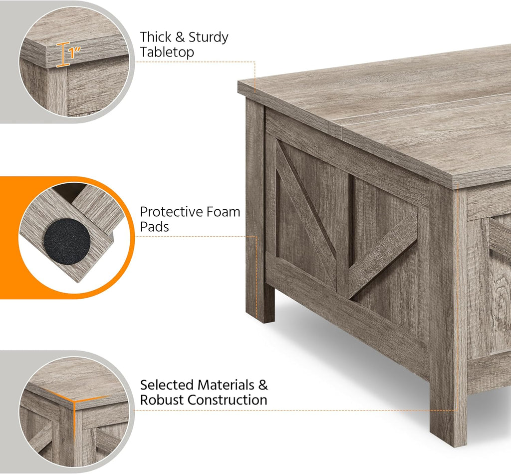 Lift Top Coffee Table, Square Farmhouse Coffee Table with Hidden Storage Compartment, Wood Center Table, Gray