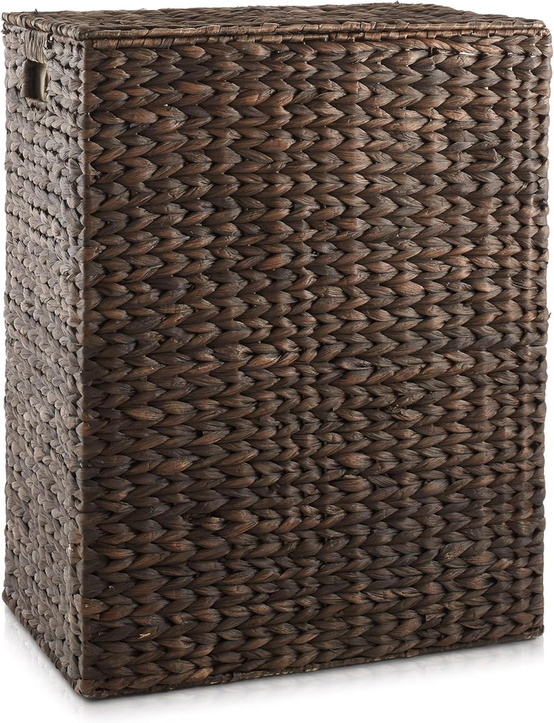 Large Laundry Hamper with Lid and Removable Liner Bag - Espresso Dark Brown, Woven Water Hyacinth Rectangular Laundry