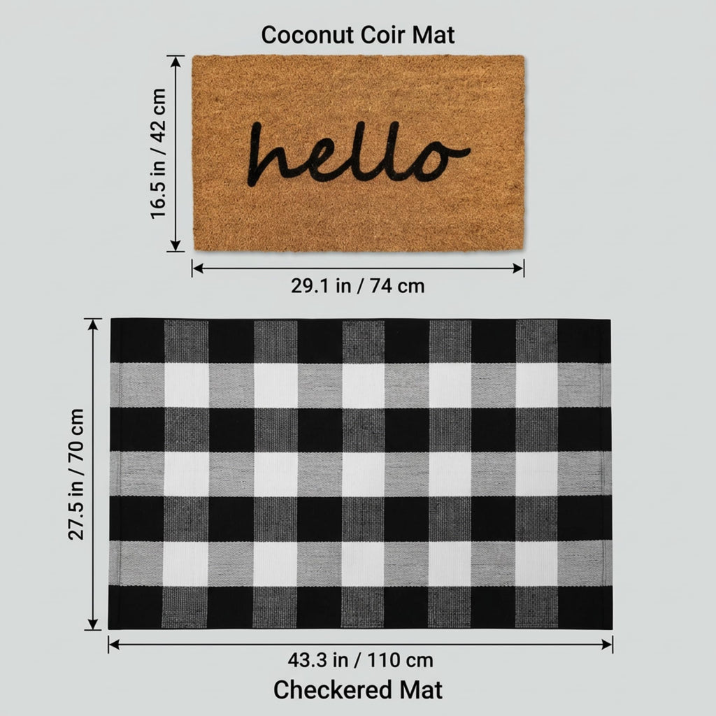 2-Piece Layered Front Doormat Set, Fall Decor Hello Natural Coco Coir Door Mat + 28"x43" Black and White Buffalo