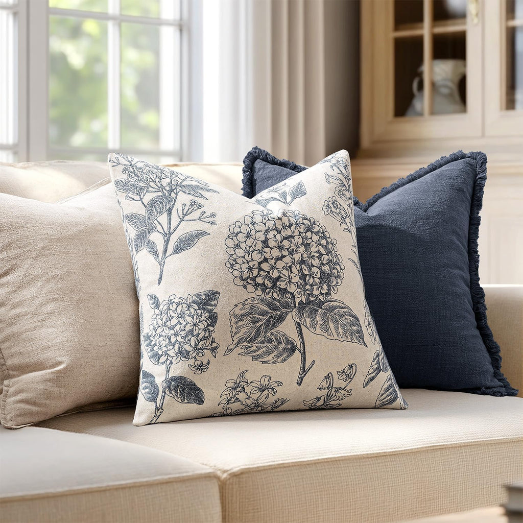 Set of 2 Decorative Floral Neutral Pillow Covers 18x18 Inch Light Blue Hydrangea Print Outdoor Boho Vintage Throw