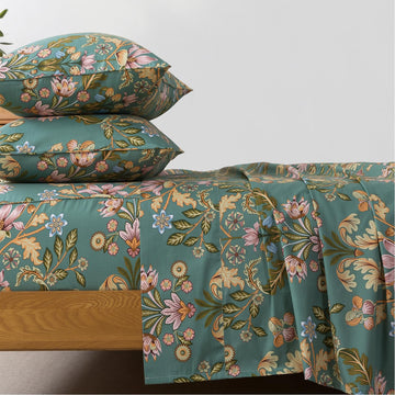 Full Sheet Set, Floral Sheets 4-Piece 100% Percale Cotton Bed Sheets Deep Pocket Fitted Sheet, Boho Vintage Teal Blue