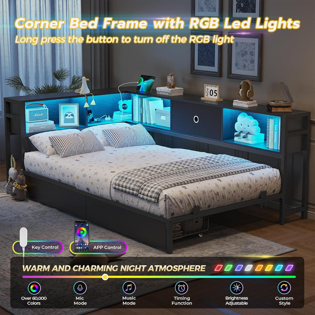 Twin Corner Bed Frame with Bookcase Storage and Led Lights Twin Size Metal Platform Bed Frames with Storage Drawers