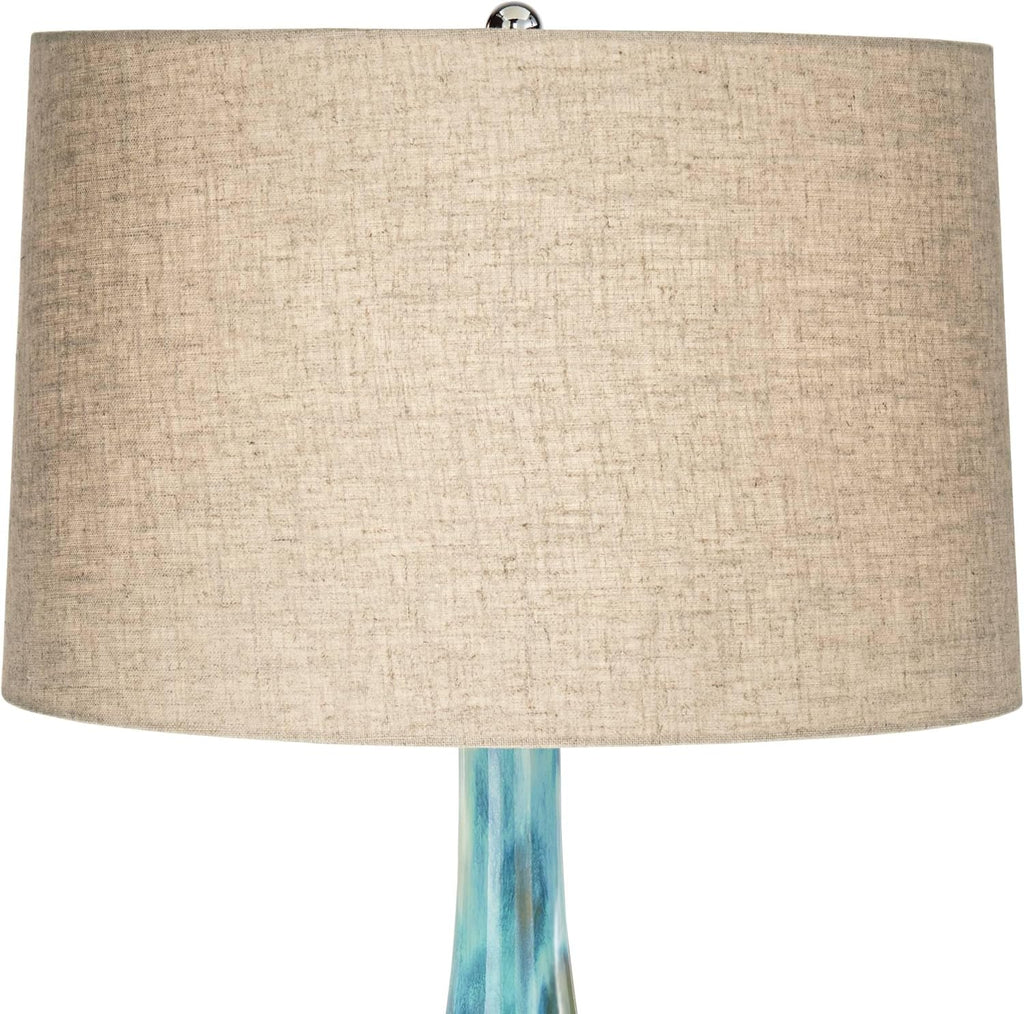 Euro Design Kenya Modern Tropical Table Lamp with USB Dimmer 29 1/2" Tall Blue Green Glaze Ceramic Beige Linen Drum