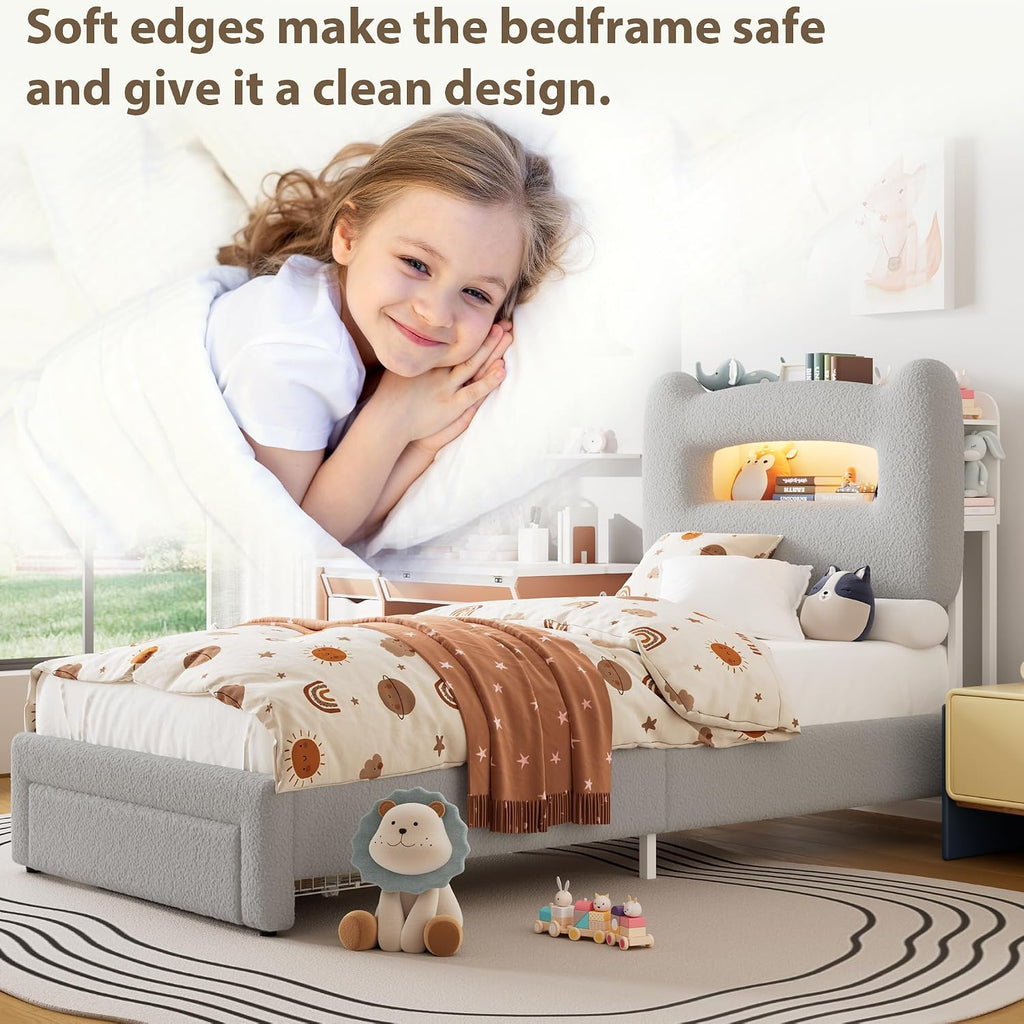 Led Twin Bed Frame for Kids with Drawer, Grey | Upholstered Sturdy Platform Bed, Storage Headboard, Charging Station