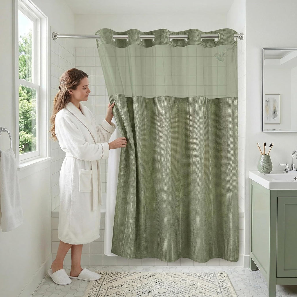 72x75 Hookless Waffle Pattern Shower Curtain - Water-Resistant Long Shower Curtain with Sheer Panel, Snap-in Liner