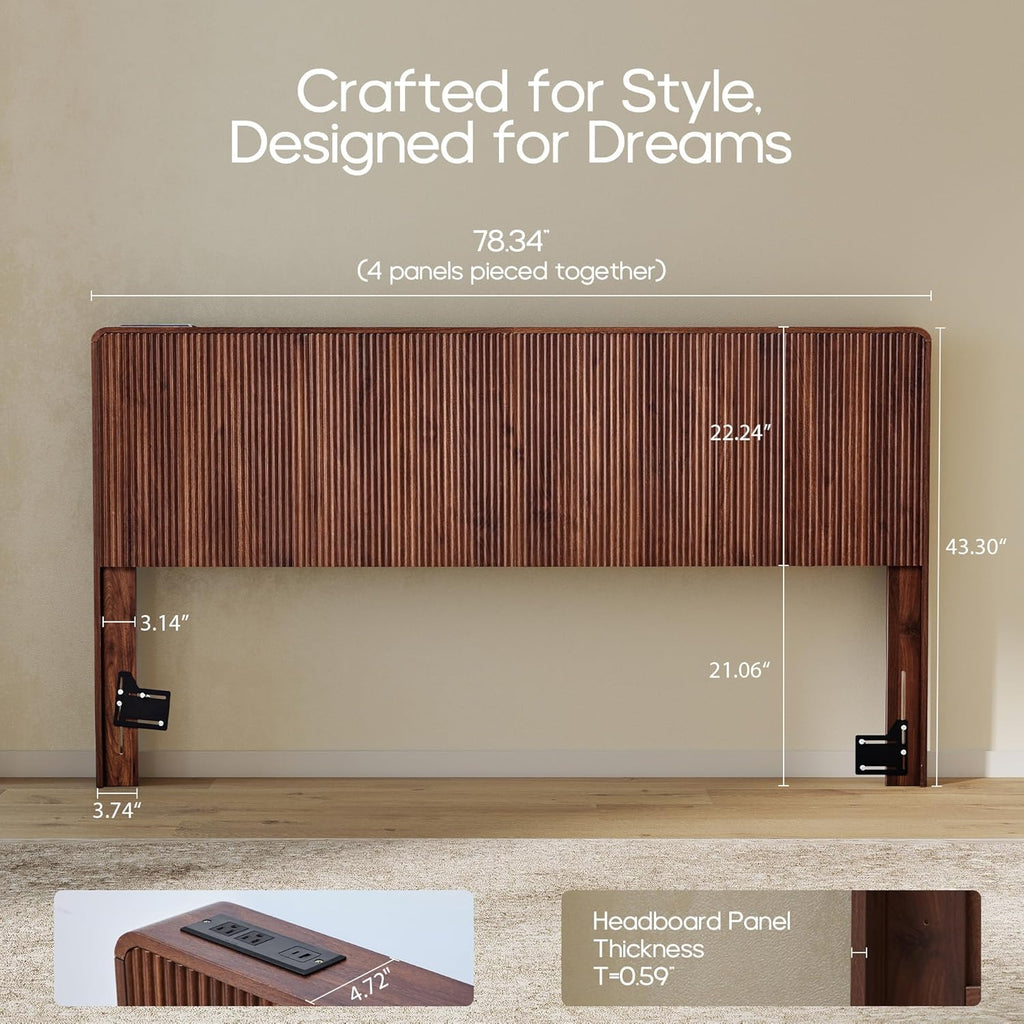 Wood Headboard King, Wooden King Headboard Only with 2 Outlets and USB & Type C Port, Simple Setup Modern Farmhouse