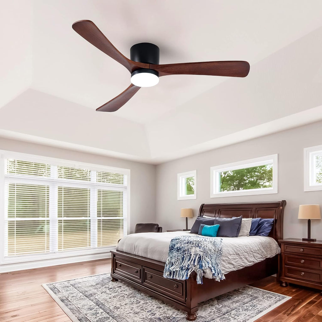 Modern 52 Inch Low Profile Flush Mount Ceiling Hugger Fan with LED Lights and Remote Control - 3 Wood Blades, Reversible DC Motor, 6 Speeds, Timer - Walnut and Matte Black