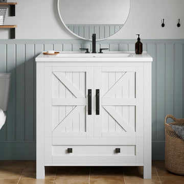 30" Farmhouse Bathroom Vanity with Sink Combo, Small Space Bathroom Storage Cabinet with Large Drawer, 2 Soft-Closing Wood Barn Doors with Built-in Shelves, White
