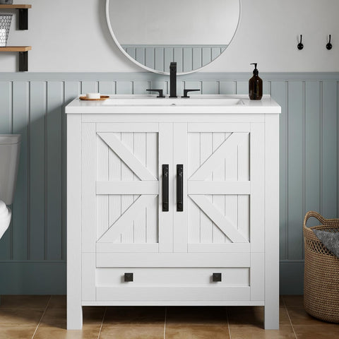 30" Farmhouse Bathroom Vanity with Sink Combo, Small Space Bathroom Storage Cabinet with Large Drawer, 2 Soft-Closing Wood Barn Doors with Built-in Shelves, White A133-B0F9F5QBWQ