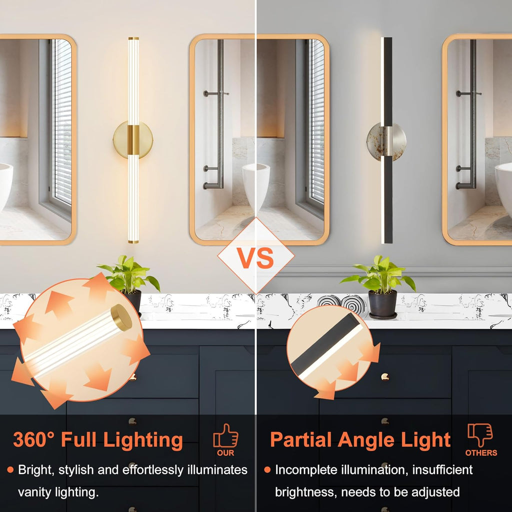 Gold Wall Sconces Set of Two Hardwired LED Vanity Light 23" | Dimmable 5CCT LED Bathroom Light Fixtures, 360° Full