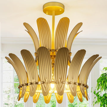 Gold Flush Mount Ceiling Light Fixture, 5 Lights Farmhouse Leaf Chandelier for Dining Room, Modern Semi Flush Ceiling