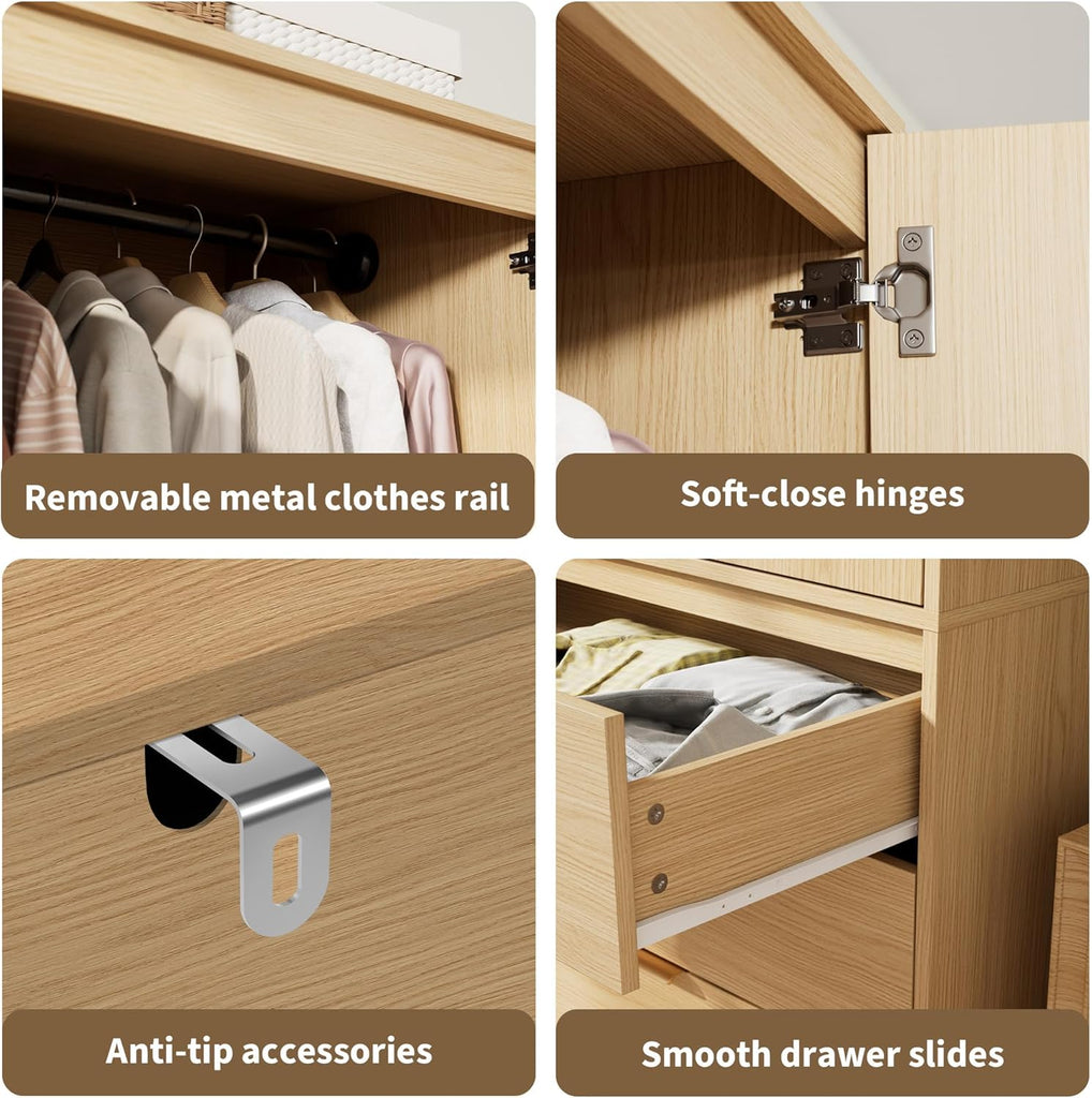 70" Wardrobe Armoire Wooden Closet with 3 Drawers, Oak | Bedroom Armoire with Hanging Rod Shelf, Large Capacity