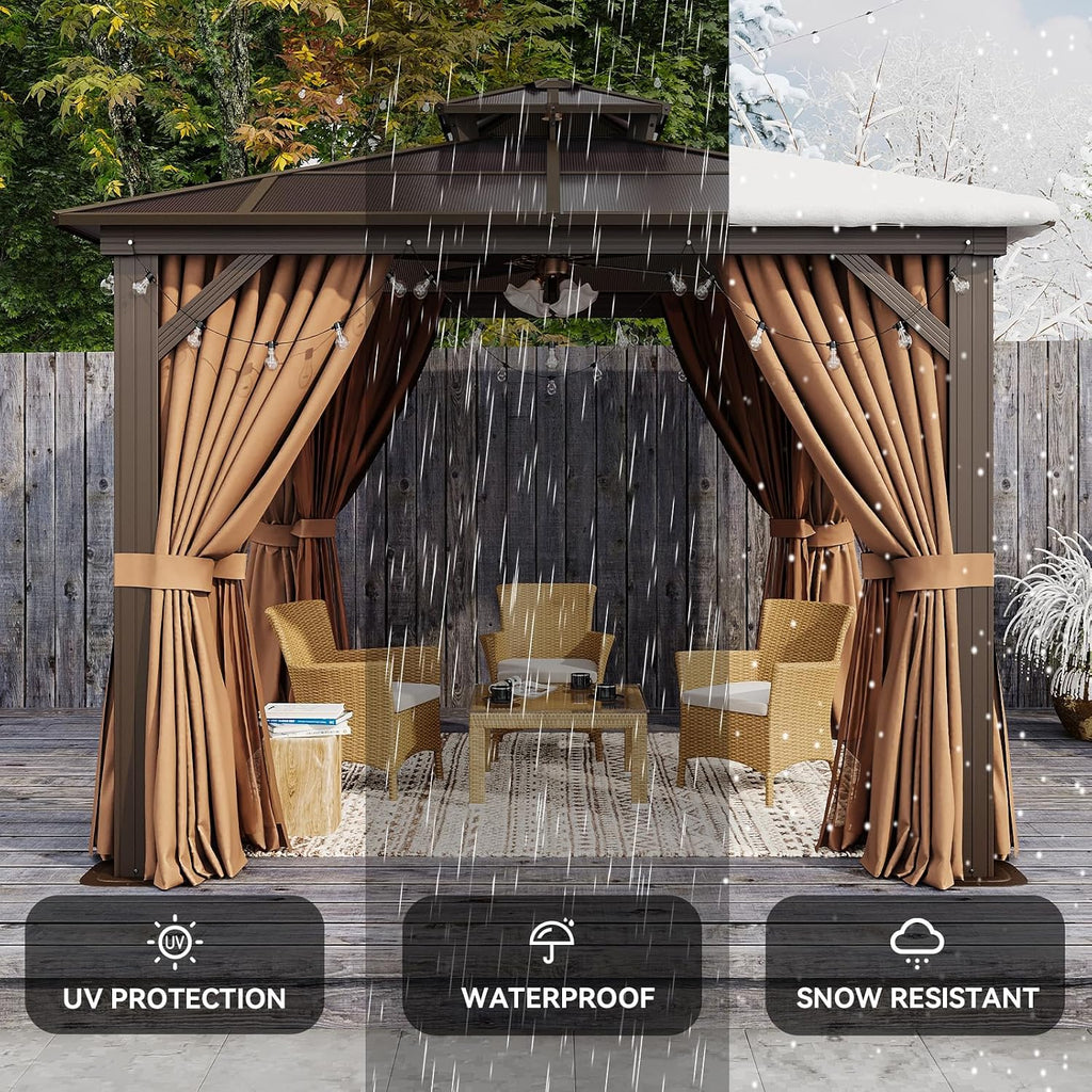 10'x10' Hardtop Gazebo, Outdoor Polycarbonate Double Top Canopy, Metal Frame Gazebo with Netting and Curtains