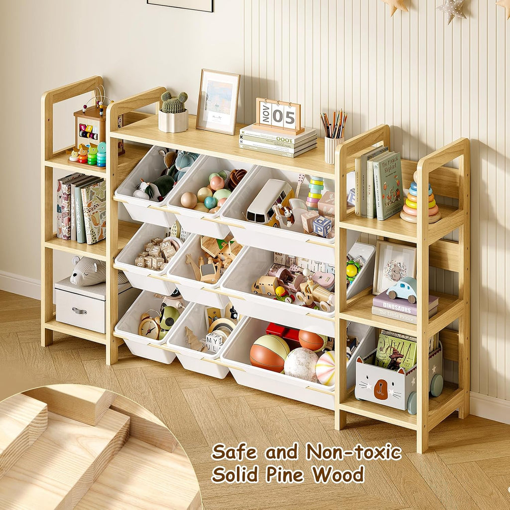 Large Toy Storage Organizer, Top Rack, 6 Side Shelves, 9 Bins | Solid wood kid-height storage for toys, books and