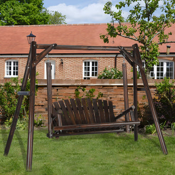 2-Seat Porch Swing, Wooden Log Patio Swings Chair Bench with Stand, Rustic Hardwood Swing Chair with Curved Back