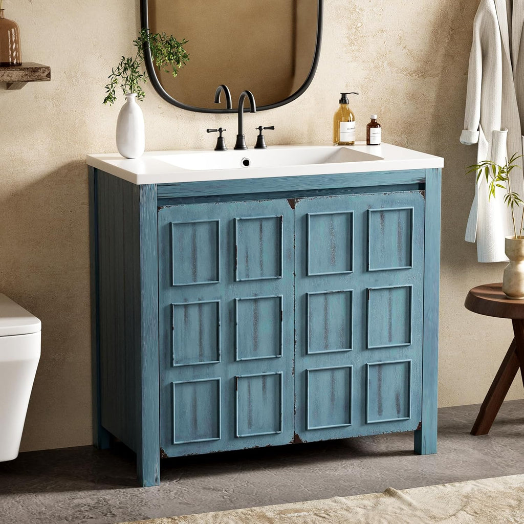 36" Bathroom Vanity with Square White Ceramic Sink Top and Soft Closing Door, Combo Stand Storage Cabinet, Retro Blue A133-B0DJVJPJVR