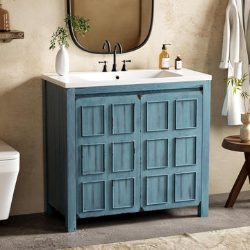 36" Bathroom Vanity with Square White Ceramic Sink Top and Soft Closing Door, Combo Stand Storage Cabinet, Retro Blue