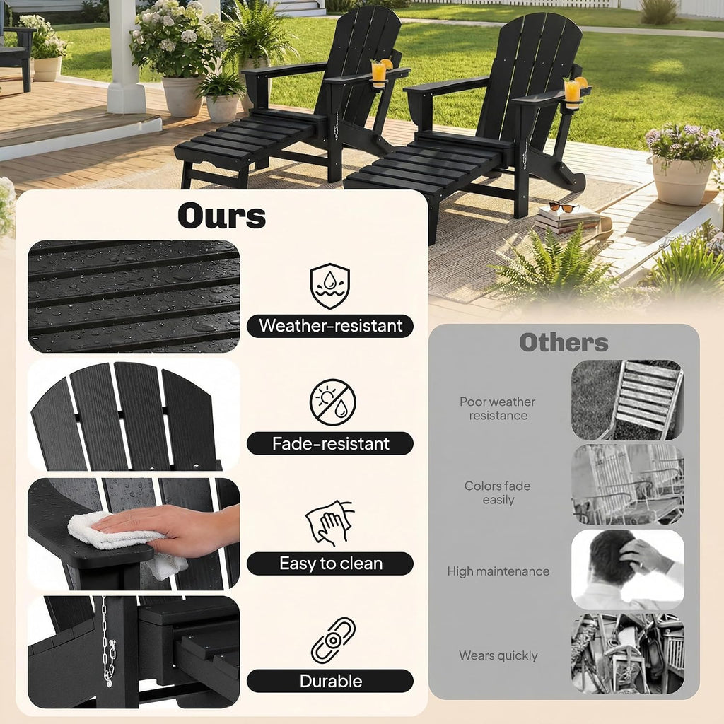 Folding Adirondack Chair Set of 2 with Retractable Ottoman Black | Outdoor HDPE Fire Pit Chair, Cup Holder, Large