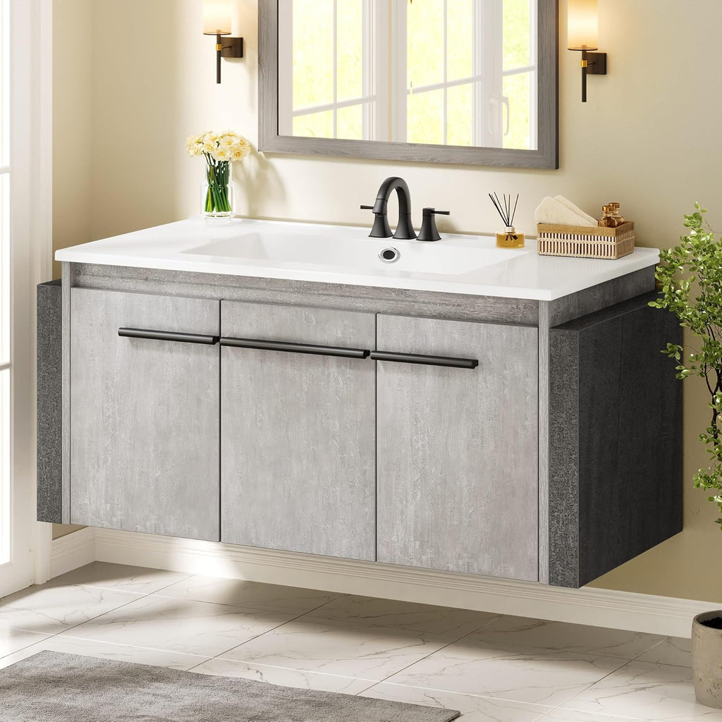 36" Modern Wall Mounted Bathroom Vanity with Sink - White & Gray Cabinet with 2 Soft-Close Doors