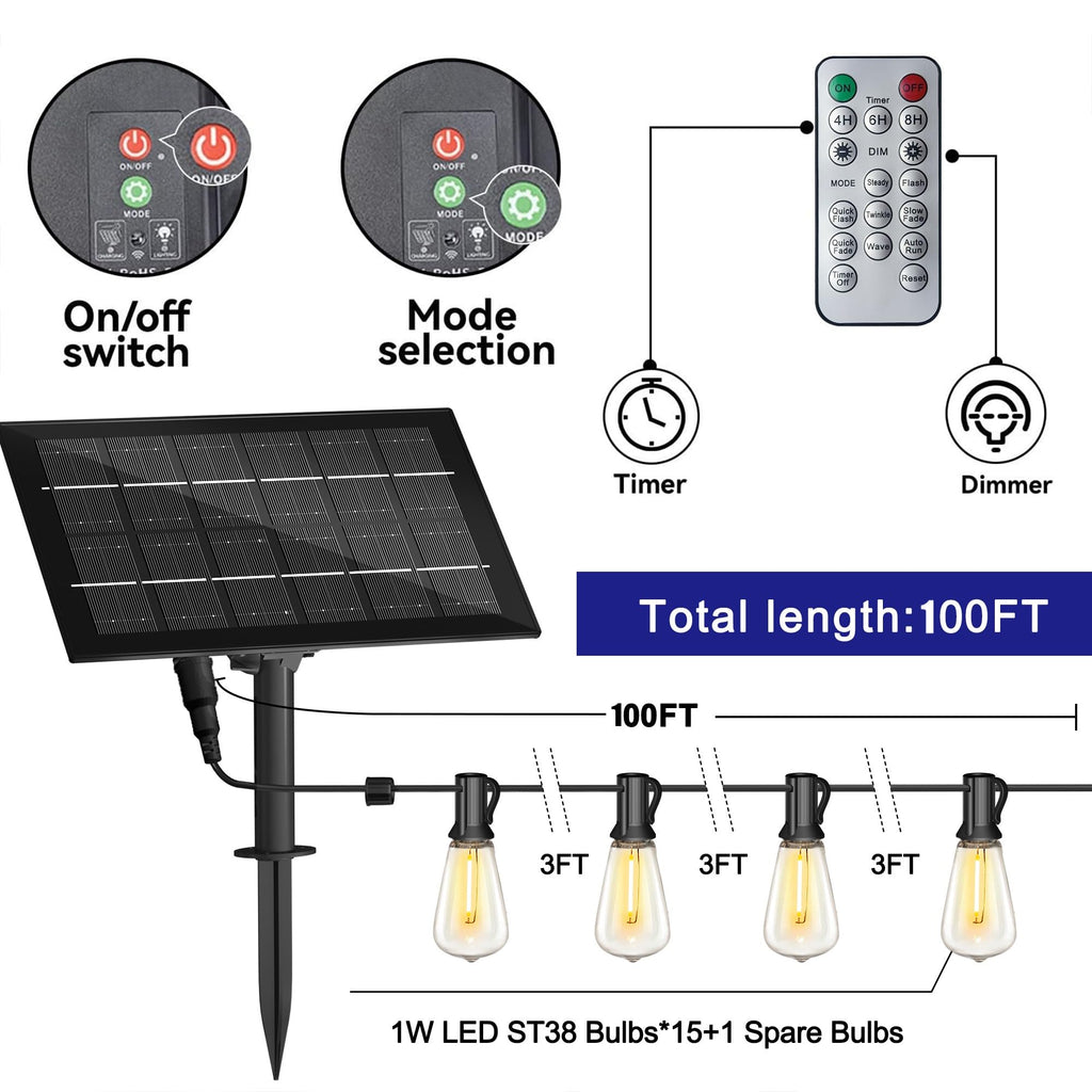 Solar String Lights Remote Weatherproof ST38 LED Backyard