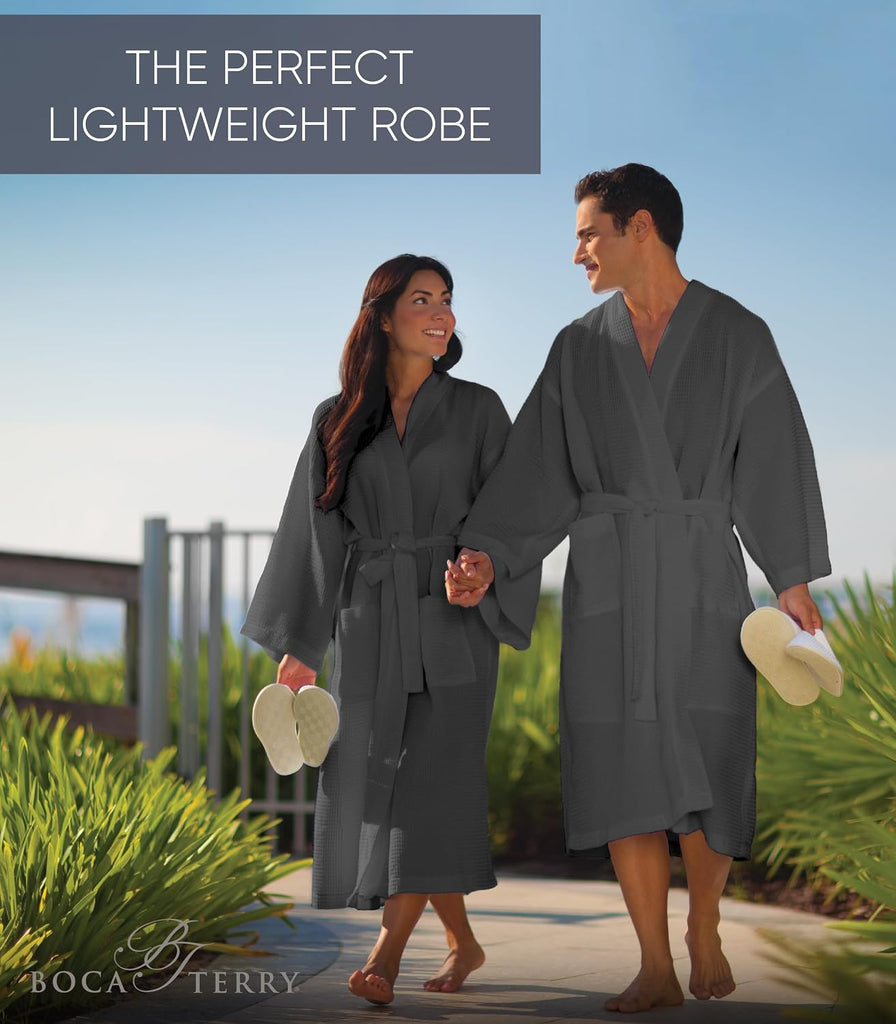 Men's Waffle Robe by BOCA TERRY, Waffle Knit Spa Robe, Long Lightweight Cotton Kimono Hotel Bathrobe