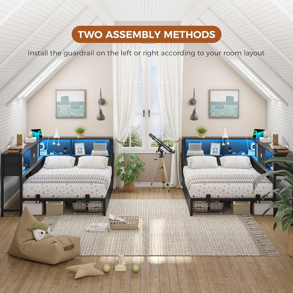 Twin Corner Bed Frame with Bookcase Storage and Led Lights Twin Size Metal Platform Bed Frames with Storage Drawers